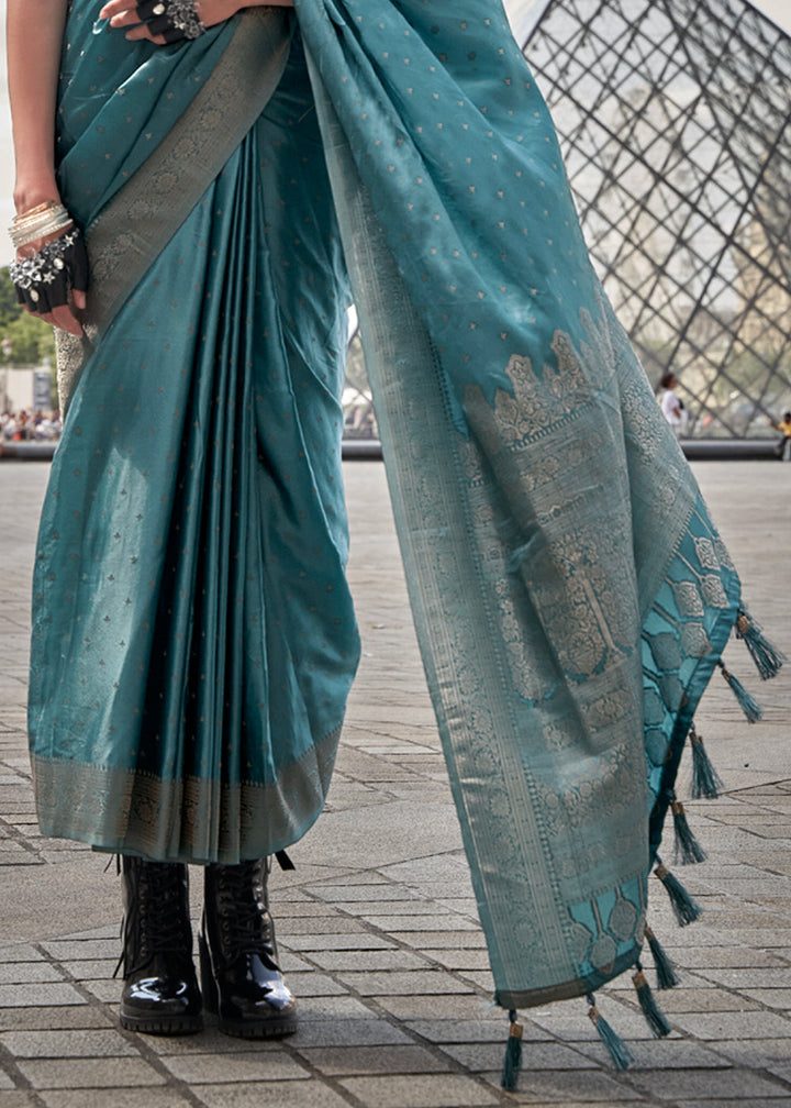 Rama Blue woven Satin silk saree with brocade blouse