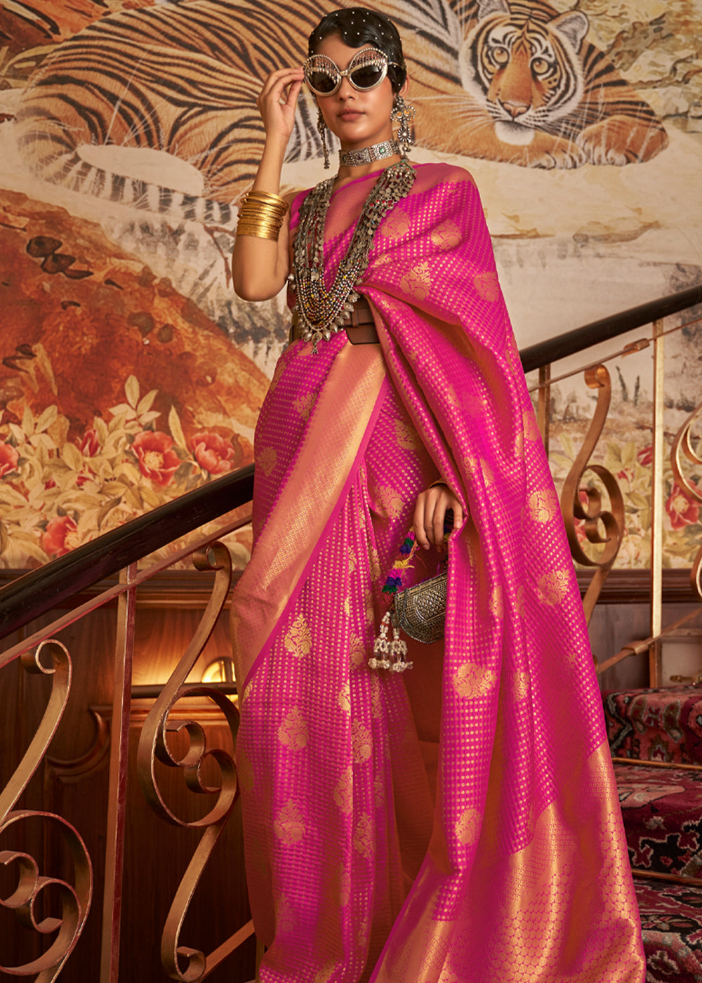 Rani Pink Nylon Chinon Two Tone Weaving Silk Saree