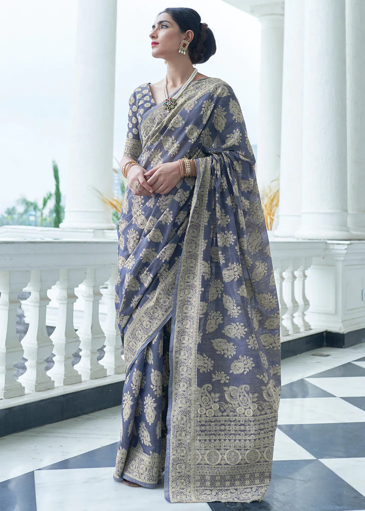 Greyish Blue Woven Lucknowi Chikankari Silk Saree