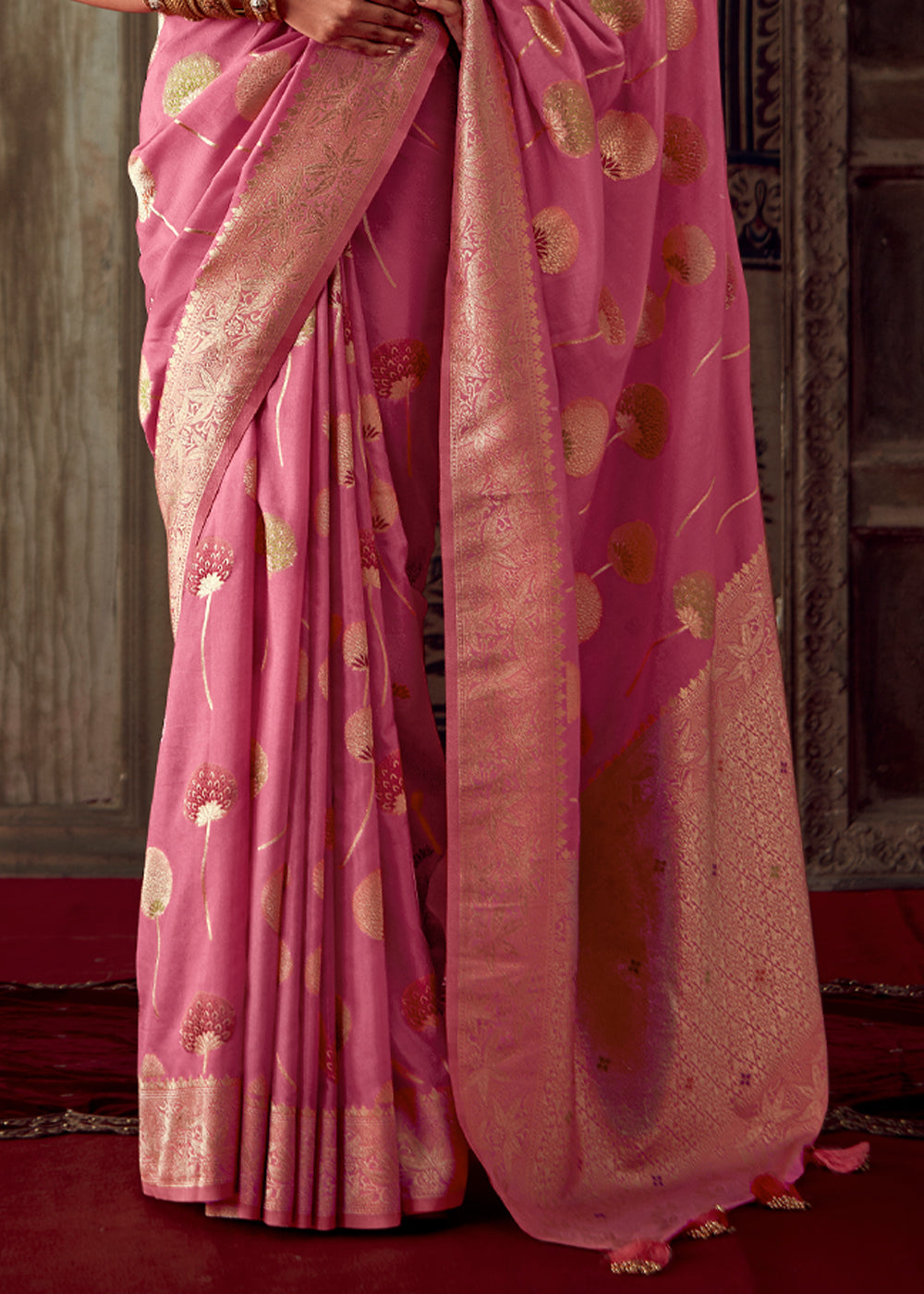 Lotus Pink Woven Georgette Silk Saree