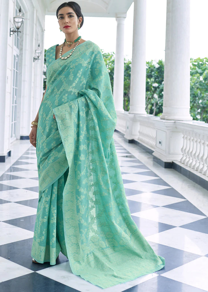 Aqua Blue Woven Lucknowi Chikankari Silk Saree