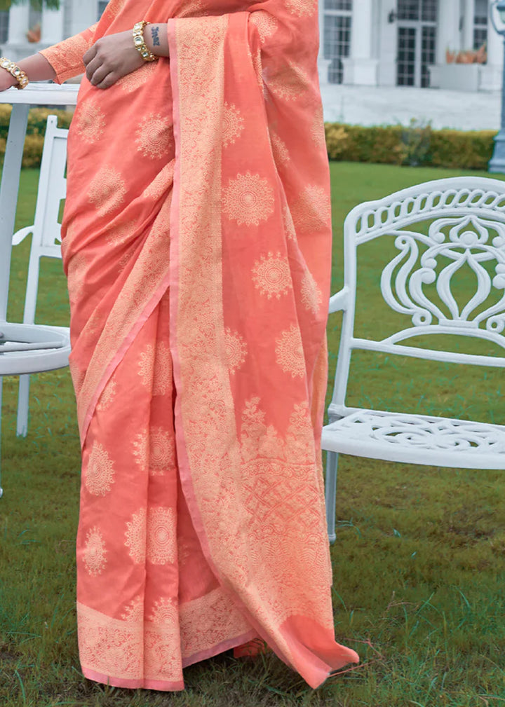 Orange Peace Woven Lucknowi Chikankari Silk Saree