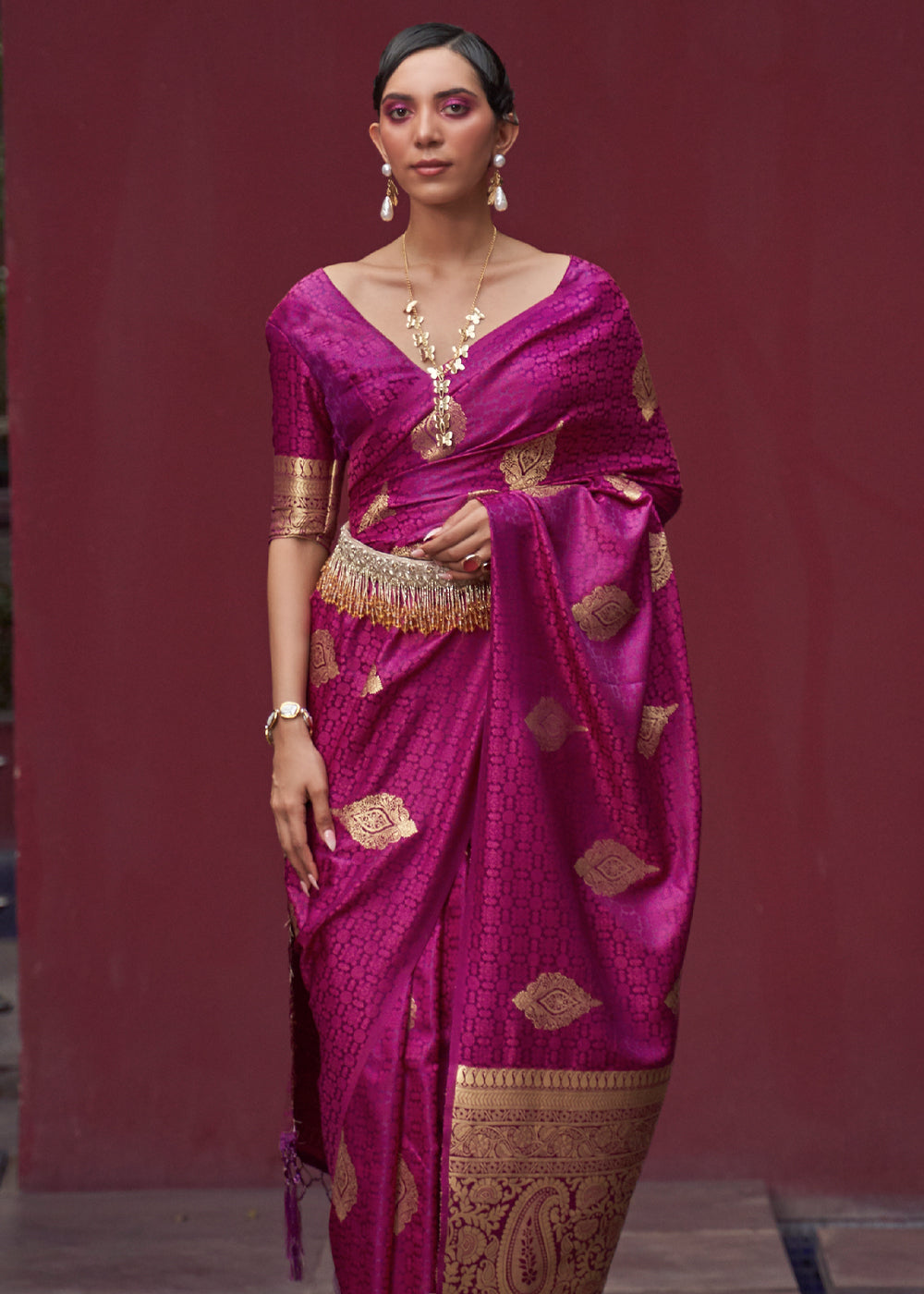 Magenta Purple Woven Banarasi Satin Silk Saree