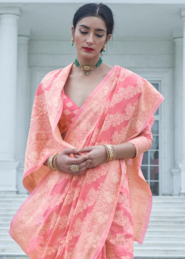 Flamingo Pink Woven Lucknowi Chikankari Silk Saree