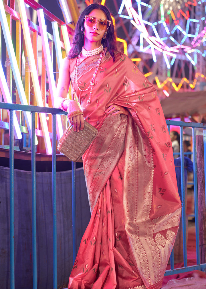 Sweet Pink Woven Banarasi Soft Silk Saree