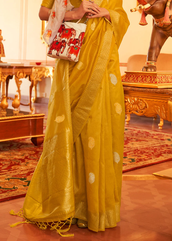 Mustard Yellow Tissue Zari Organza Silk Saree