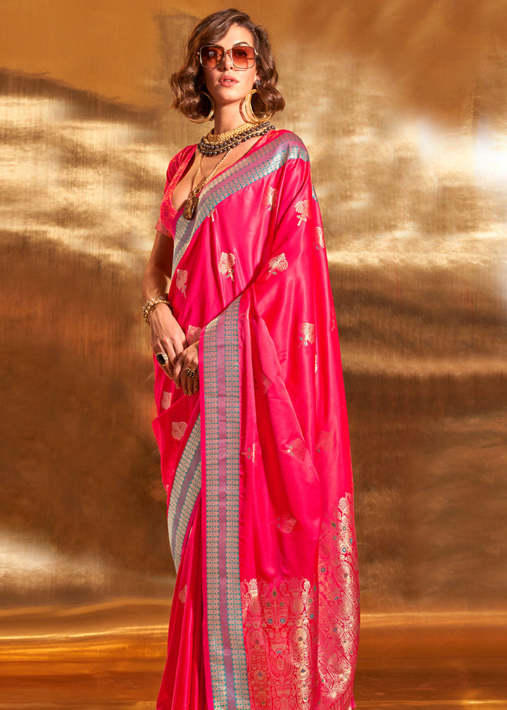 Dark Pink Pure Satin Chaap Handloom Weaving Silk Saree