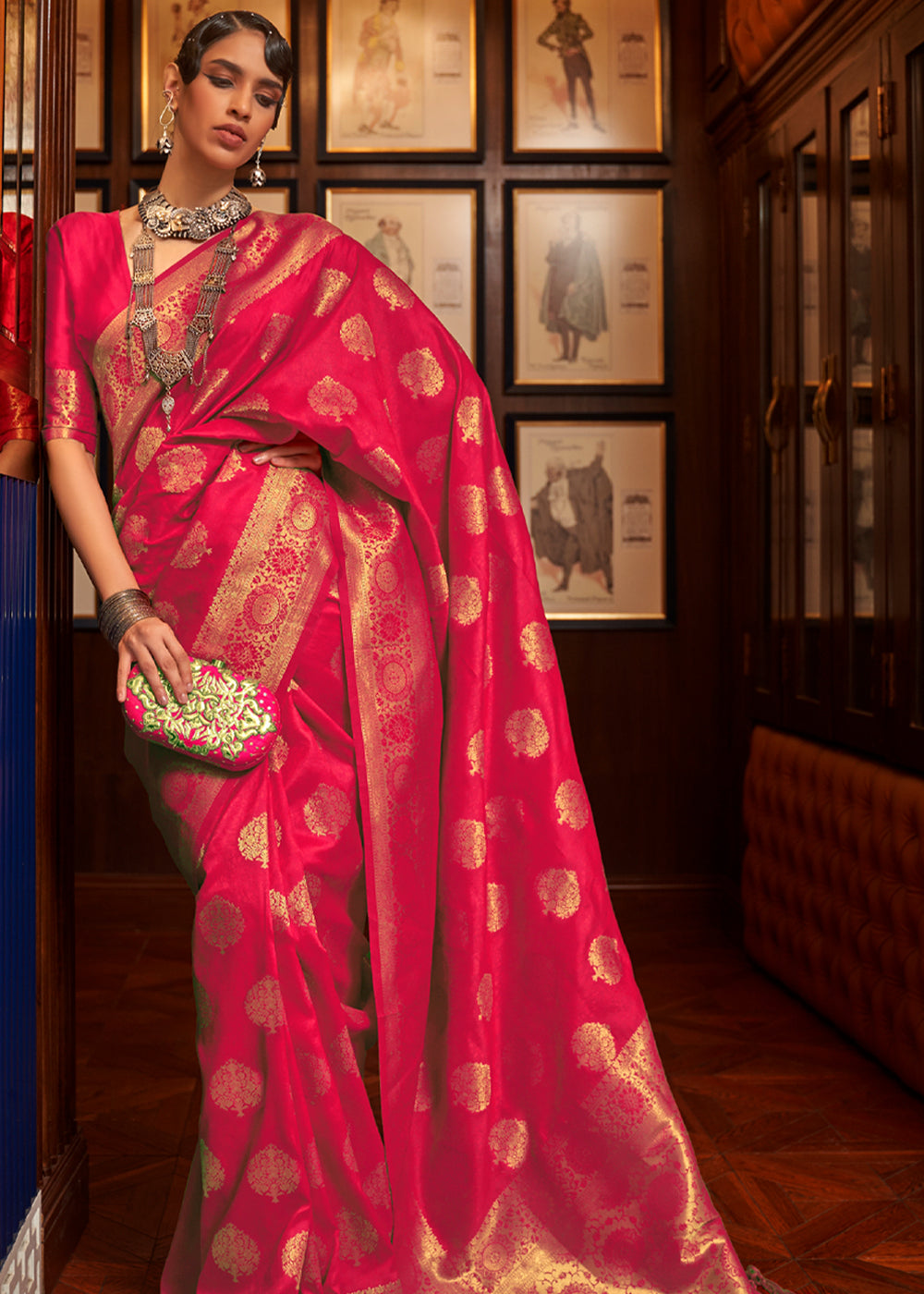 Cherry Pink Woven Banarasi Silk Saree