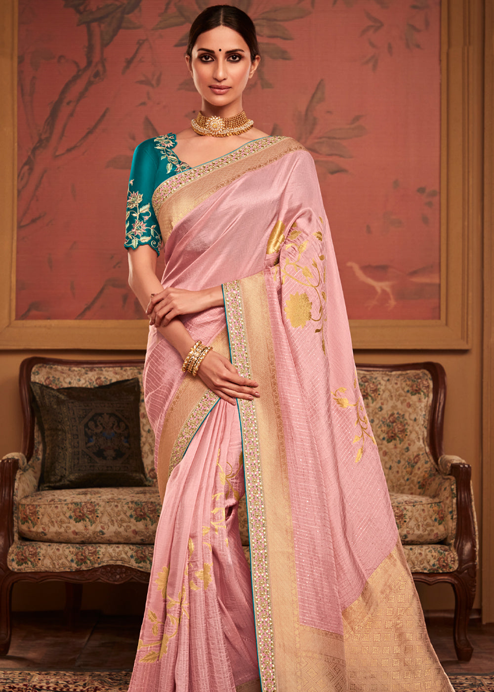 Rose Pink Designer Soft Pure Dola Silk Saree