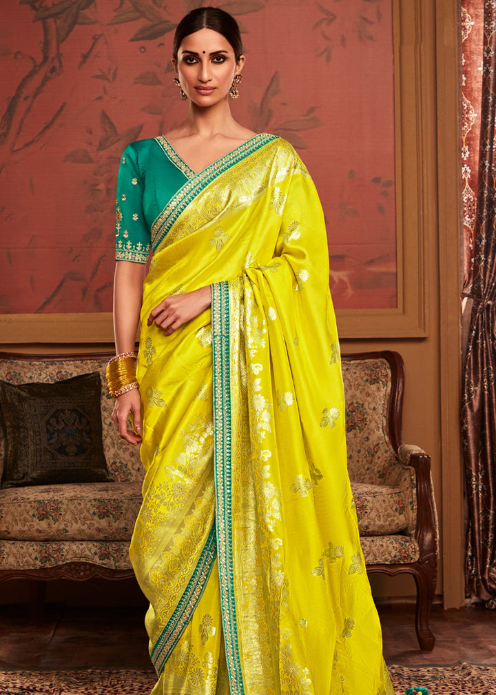 Lemon Yellow Designer Soft Pure Dola Silk Saree