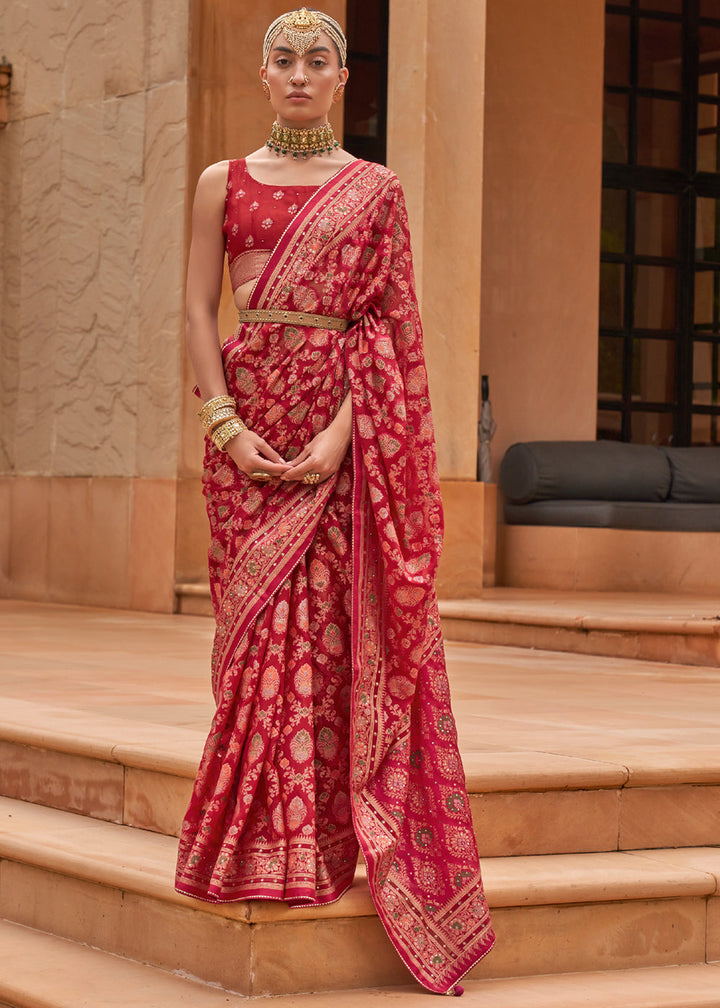 Cherry Red Woven Brasso Silk Saree With Blouse