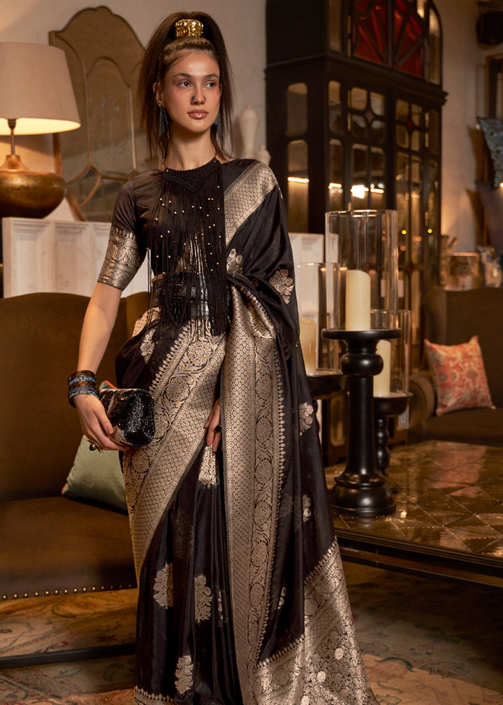 Royal Black Woven Khadi Georgette Silk Saree