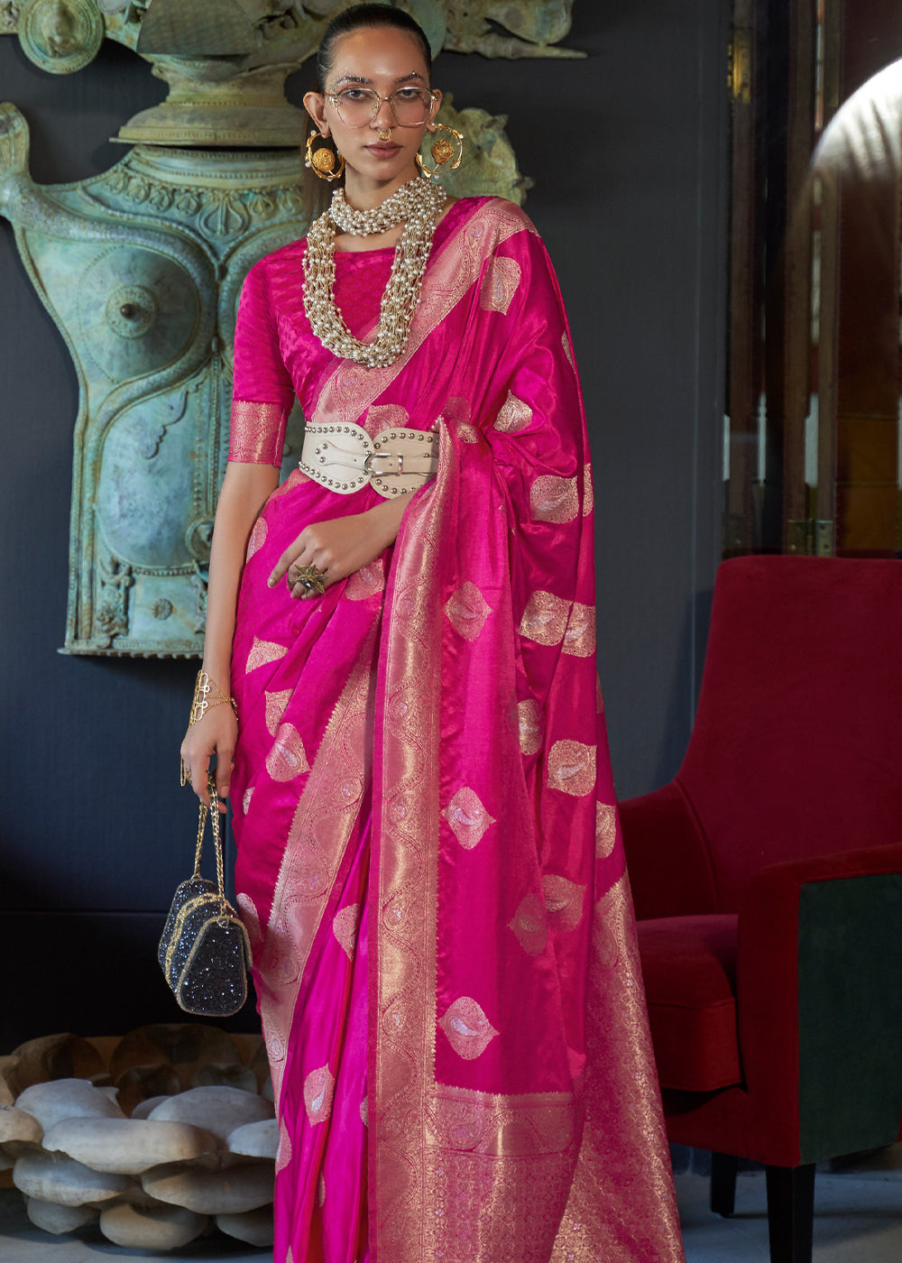 Pink Satin Handloom Weaving Silk Saree