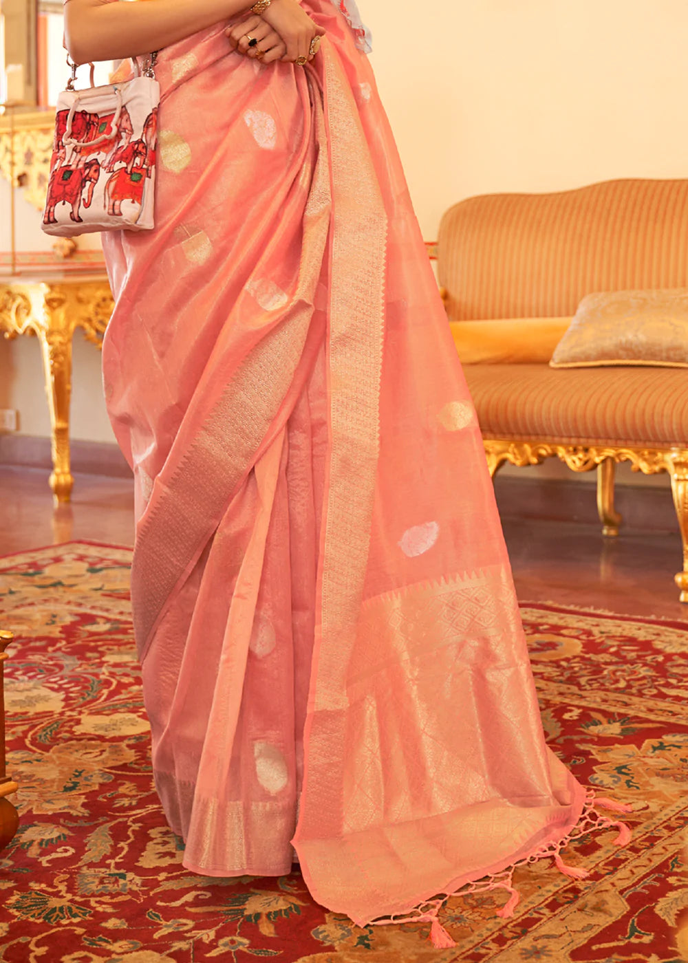 Blossom Pink Tissue Zari Woven Organza Silk Saree