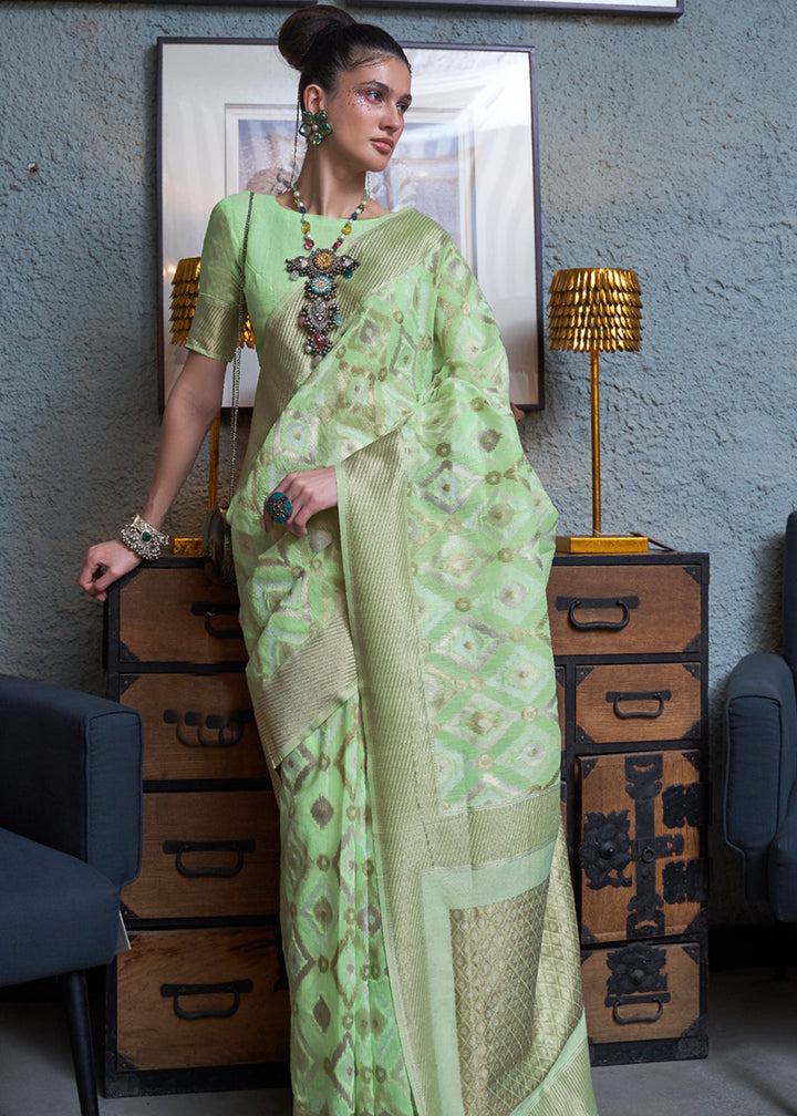 Lime Green Linen Handloom Weaving Saree