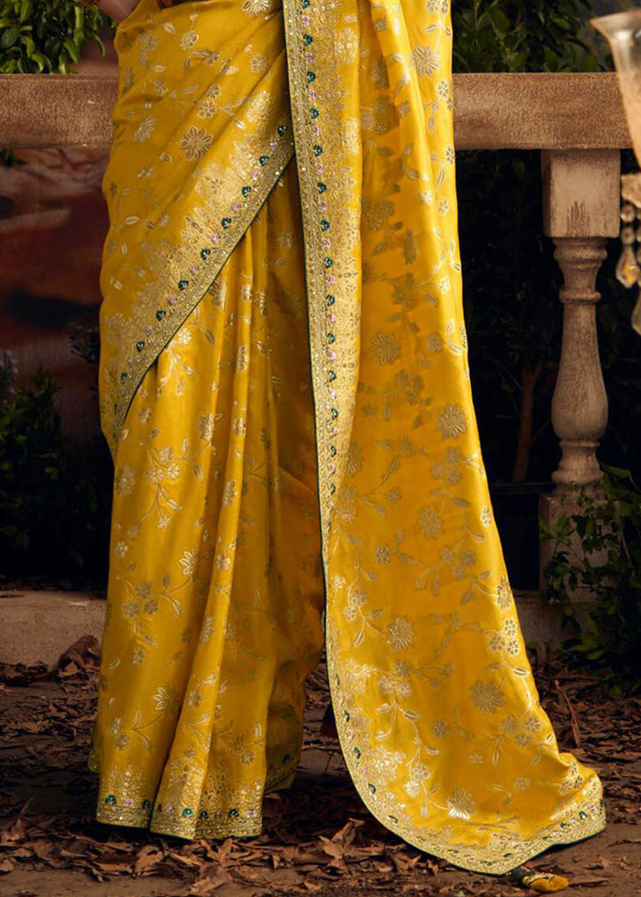 Blissful Yellow Zari Woven Dola Silk Wedding Wear Saree With Blouse