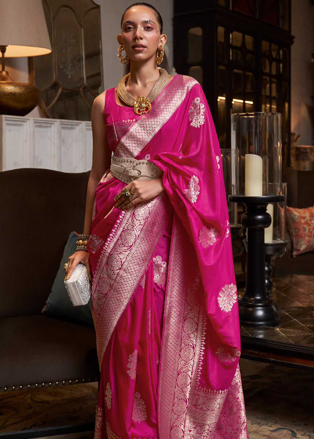 Queen Pink Woven Khadi Georgette Silk Saree