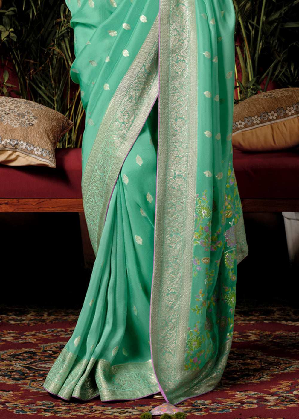 Aquamarine Green Woven Dola Silk Saree with Blouse