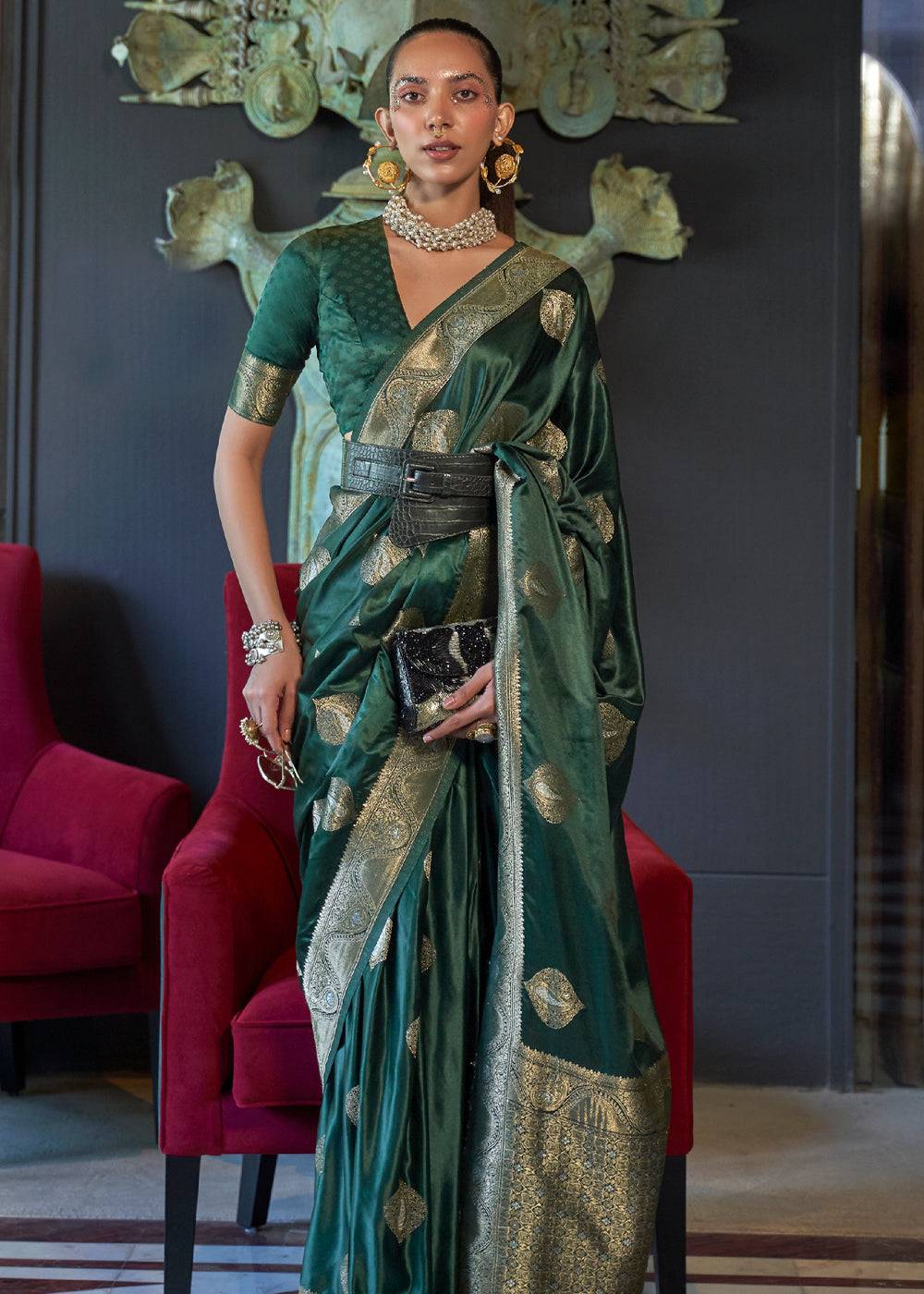 Green Satin Handloom Weaving Silk Saree