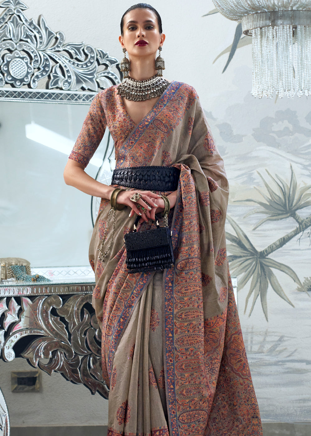 Chocolate Brown Woven Kashmiri Saree