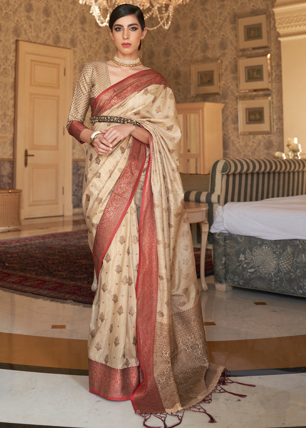 Beige Woven Tussar Silk Saree With Brocade Blouse