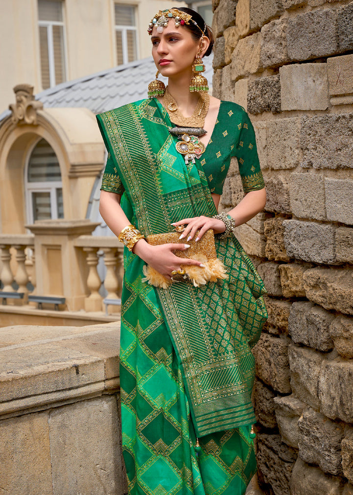 Princess Green Printed Patola Saree With Blouse