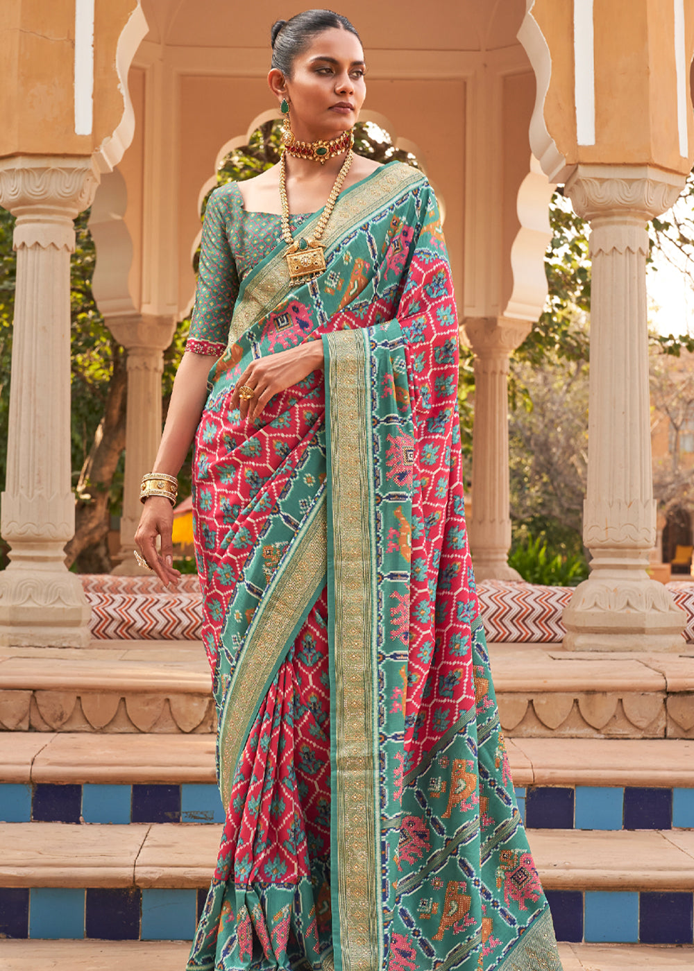 Dusty Blue Designer Patola Silk Saree