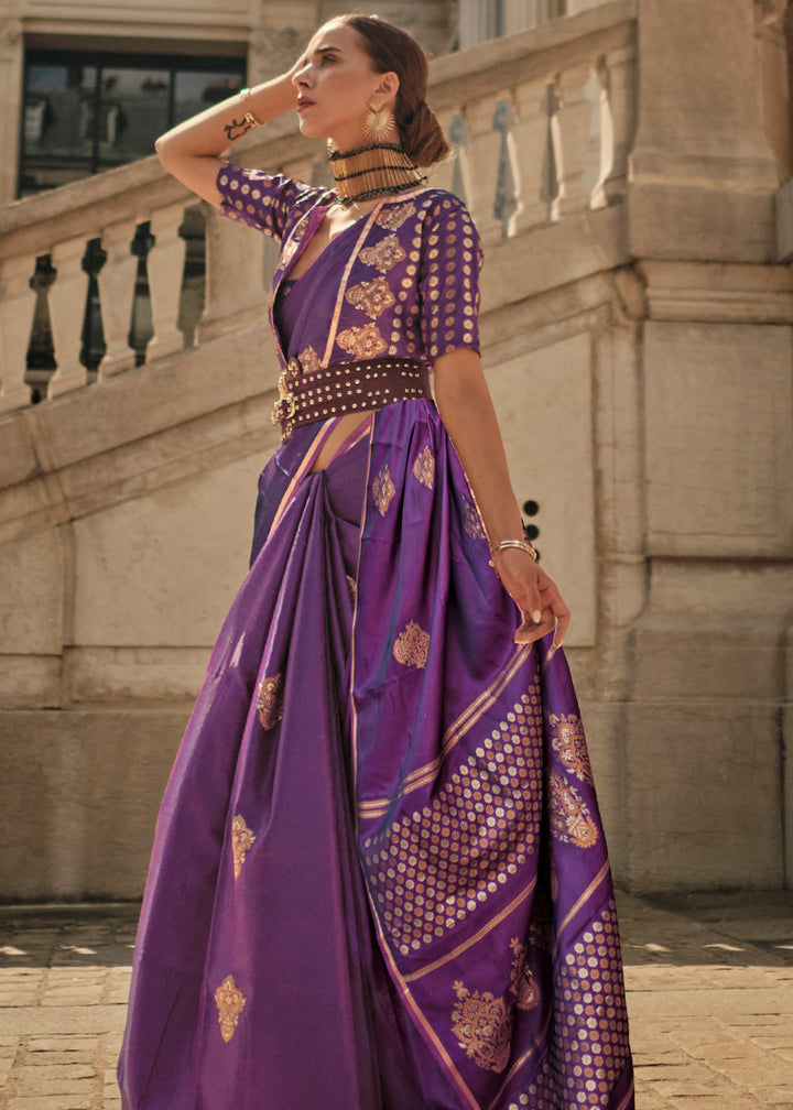 Berry Purple Satin Handloom Weaving Silk Saree