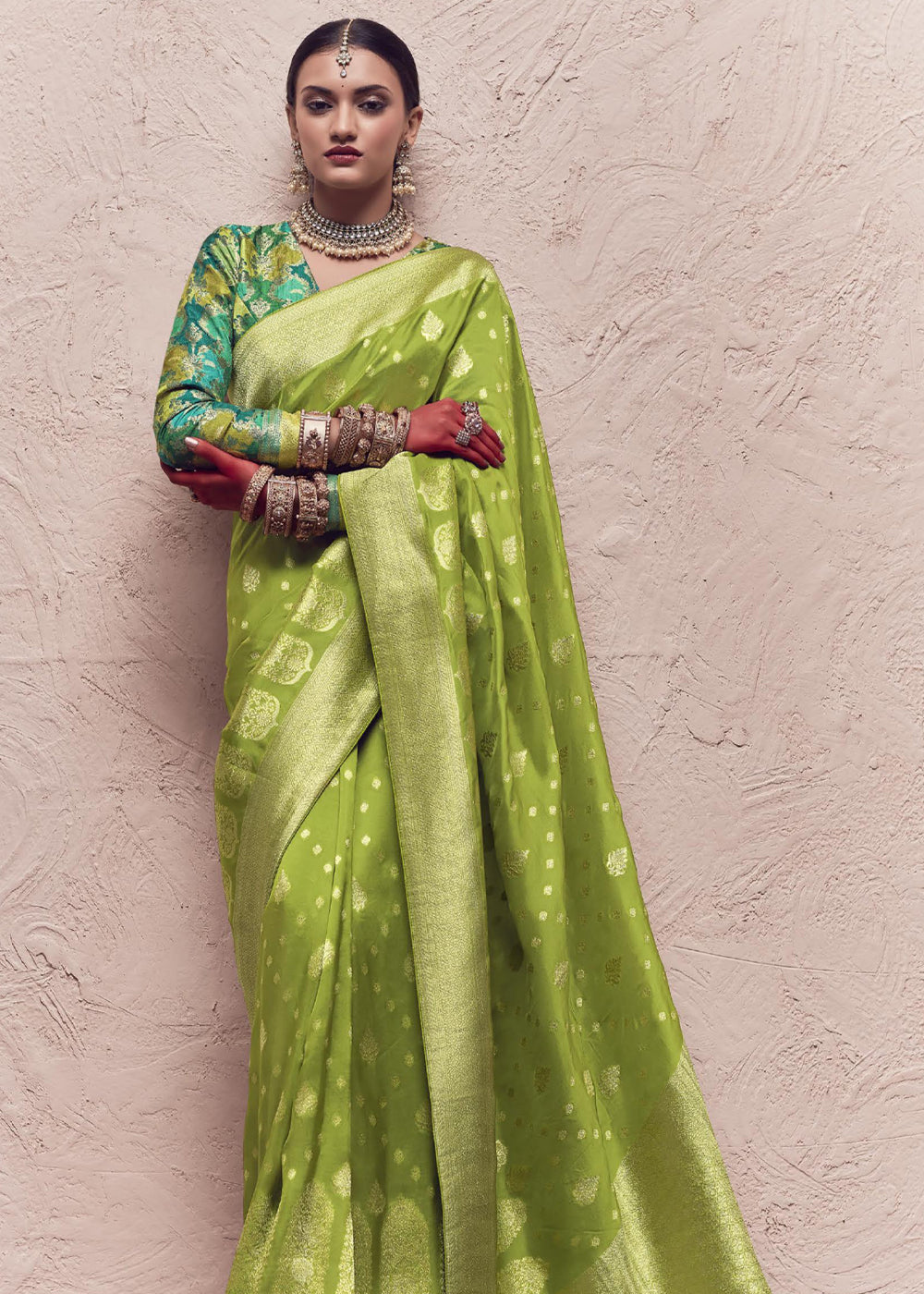 parrot green with pink combination big border ikat saree and blouse