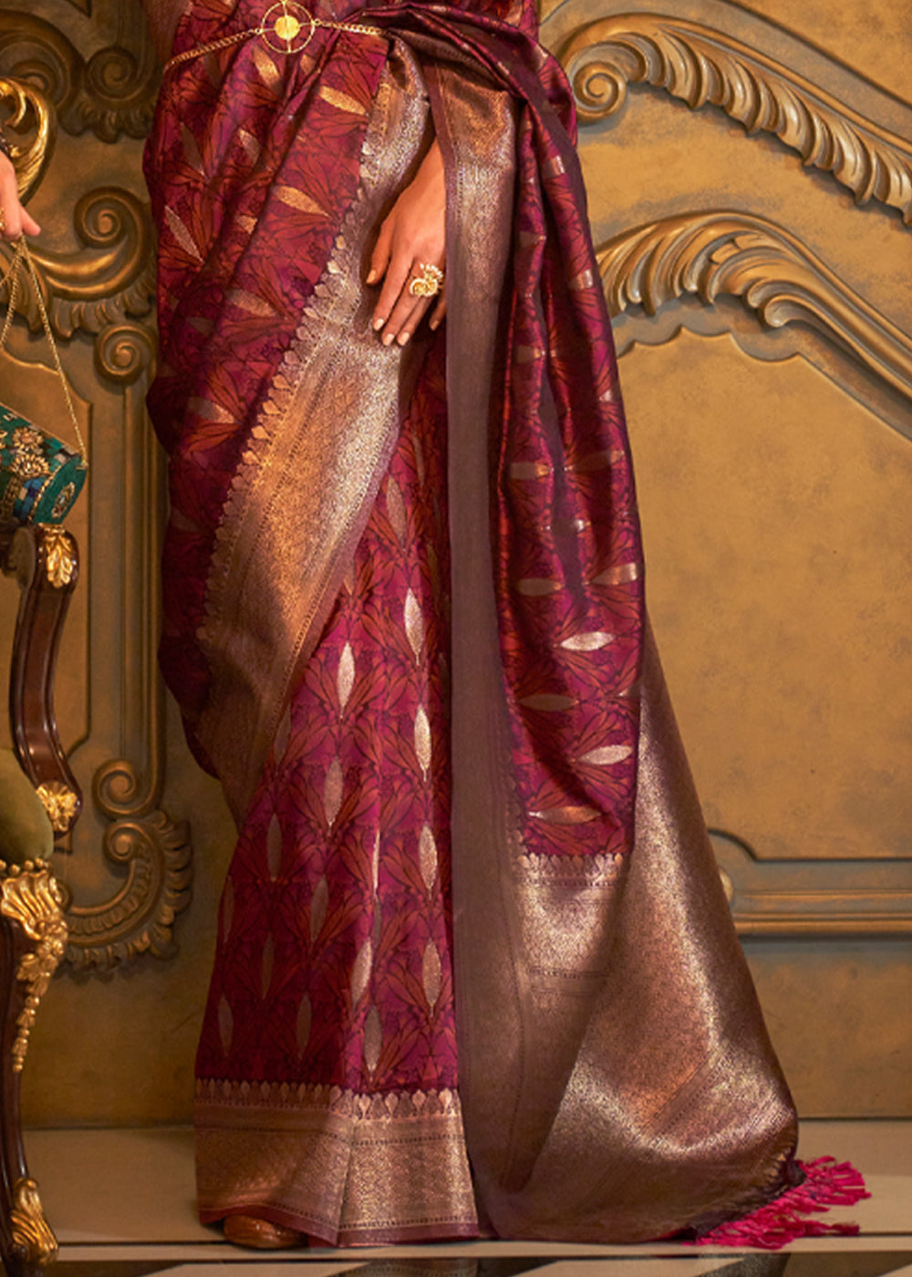 Maroon Red Woven Banarasi Satin Silk Saree