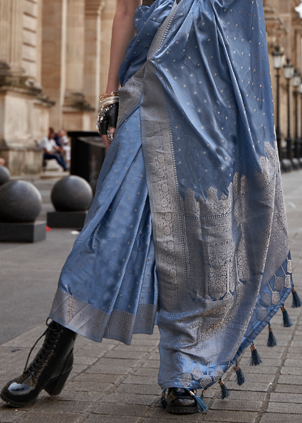 Greyish Blue woven Satin silk saree with brocade blouse