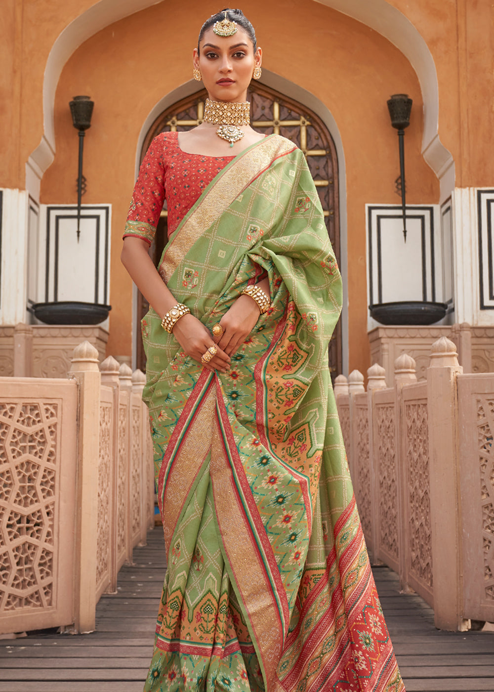 Pista Green Designer Patola Silk Saree