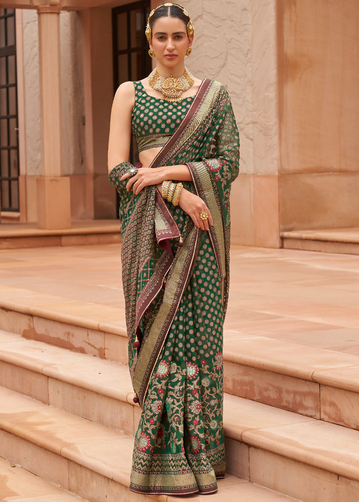 Jungle Green Woven Brasso Silk Saree With Blouse