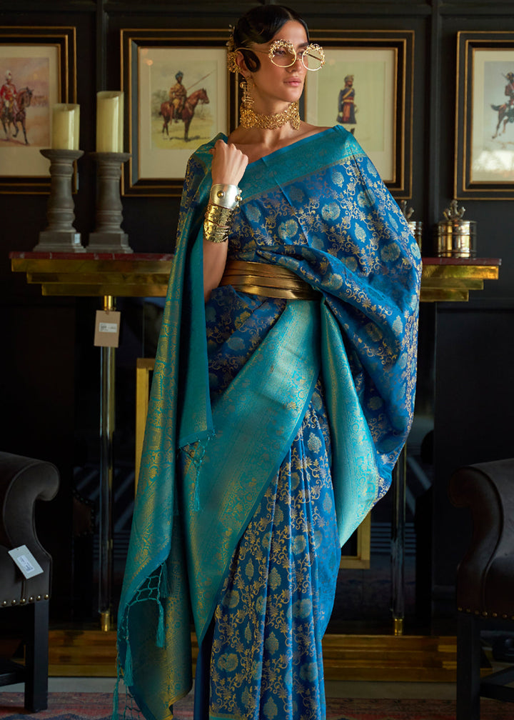 Princess Blue Handloom Weaving Silk Saree