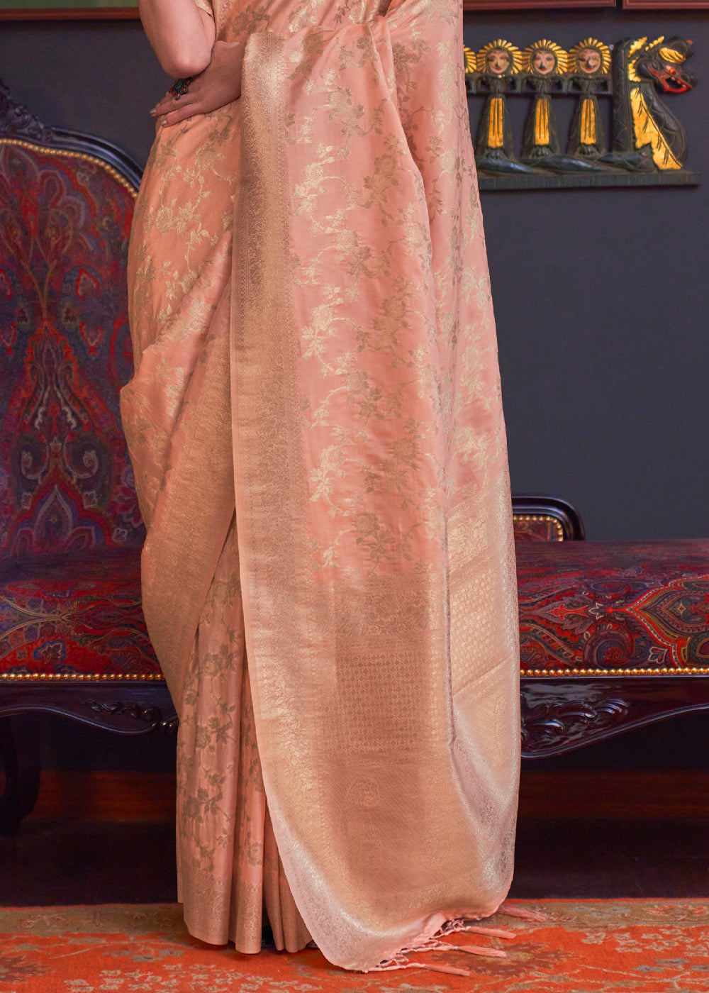 Peach Katan Handloom Weaving Silk Saree