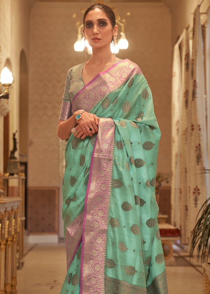 Sea Green Woven Tussar Silk Saree