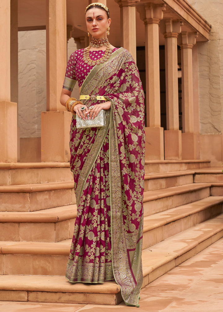 Wine Purple Woven Brasso Silk Saree With Blouse