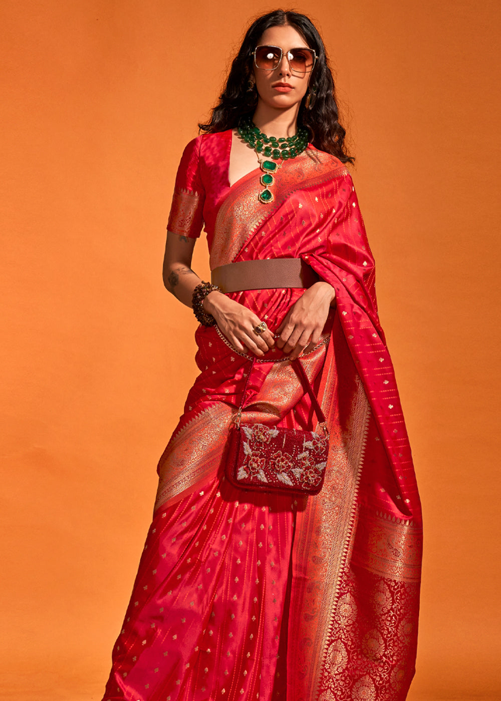 Red Satin Handloom Weaving Silk Saree