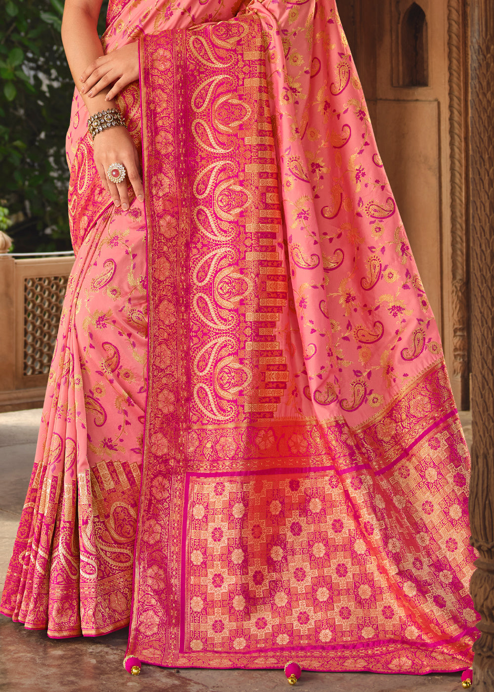 Peach Pink Woven Banarasi Silk Saree With Embroidery Designer Blouse