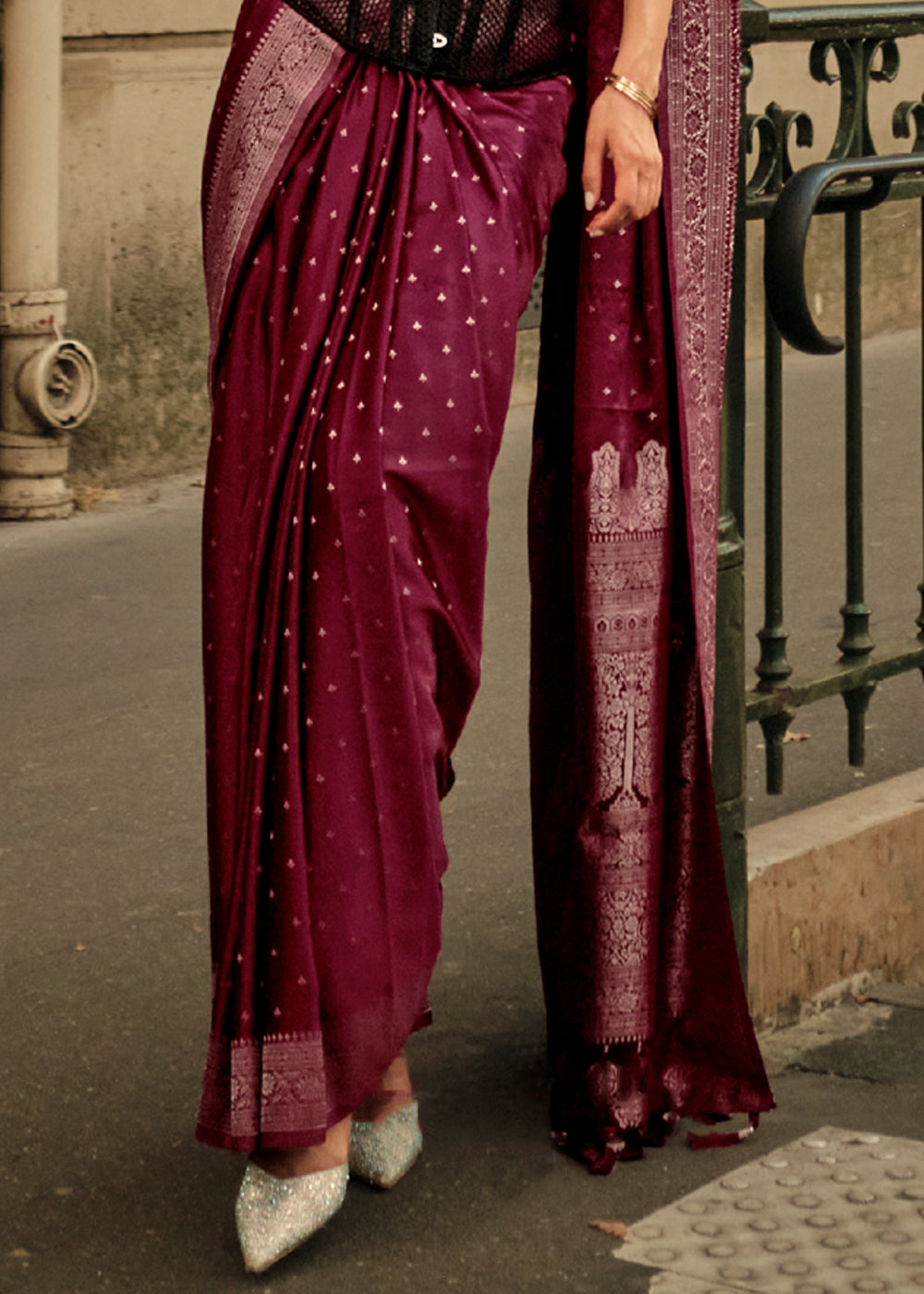 Wine Purple Woven Satin silk saree with brocade blouse