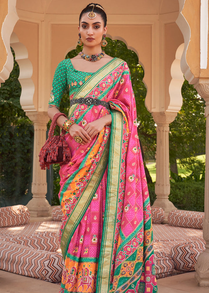 Pink and Green Designer Patola Silk Saree