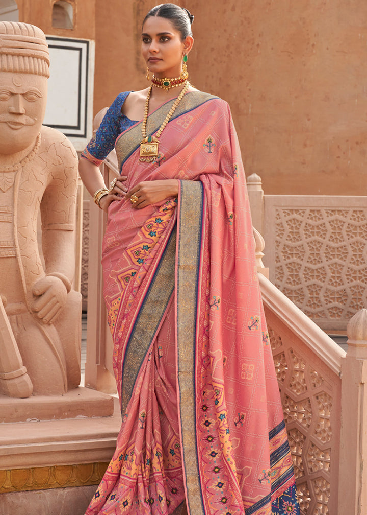 Rose Peach Designer Patola Silk Saree