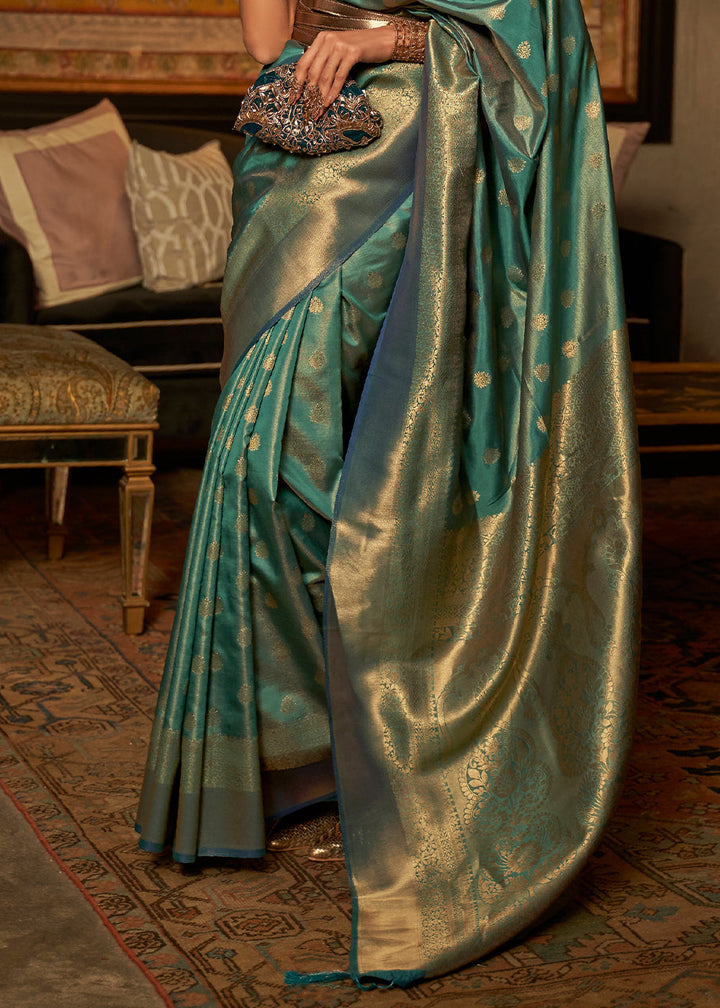 Teal Blue Handloom Woven Silk Saree