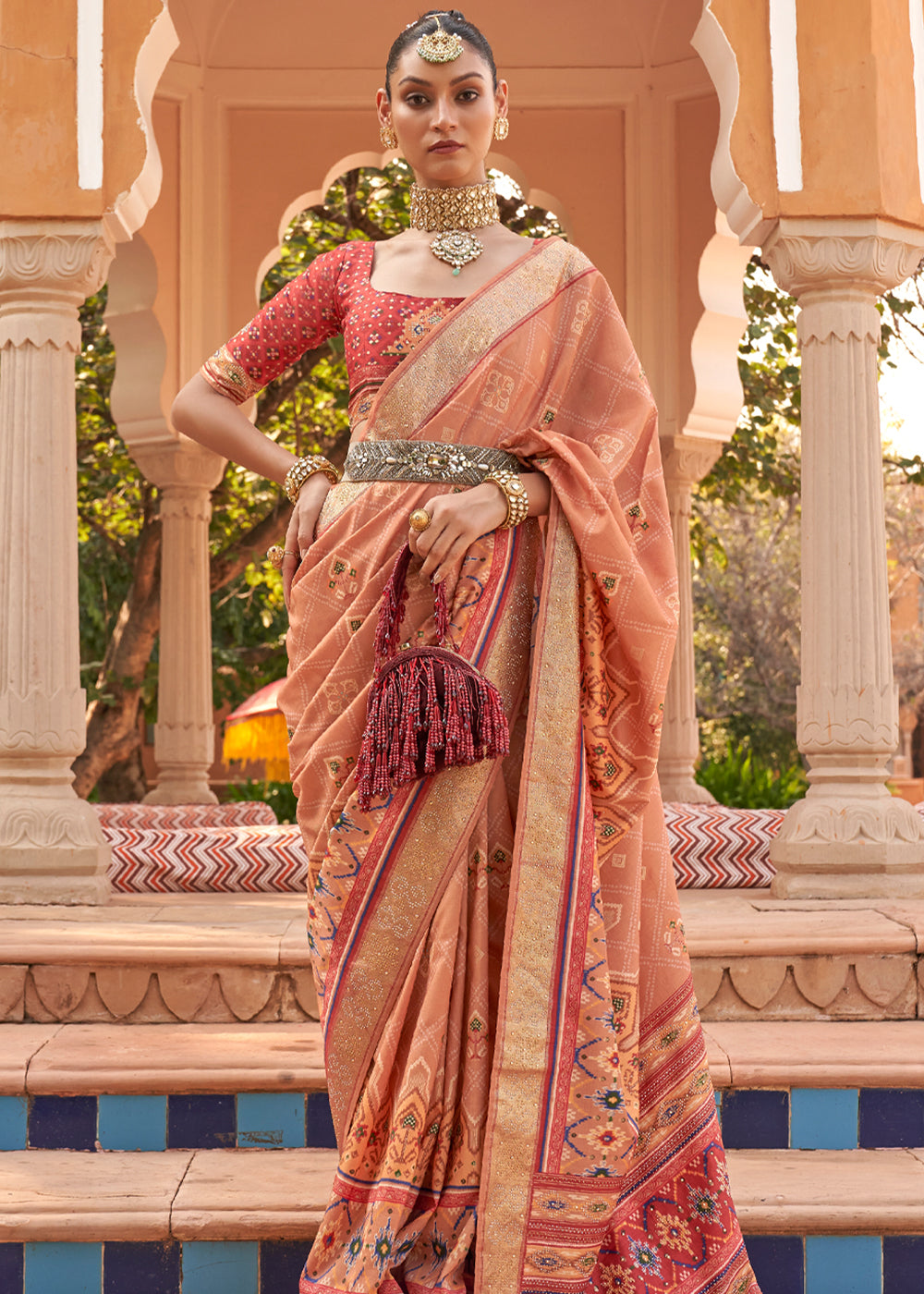 Pastel Beige Designer Patola Silk Saree