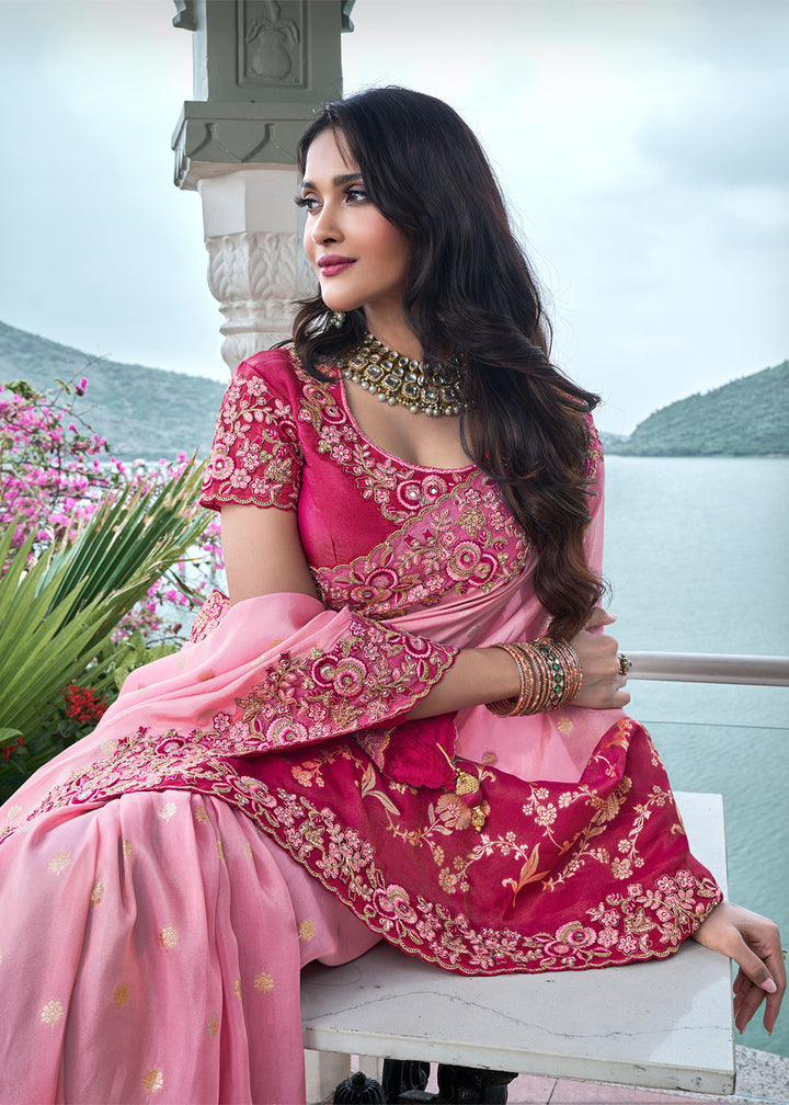 Rani Pink Heavy Embroidery Tissue Saree with Designer Blouse