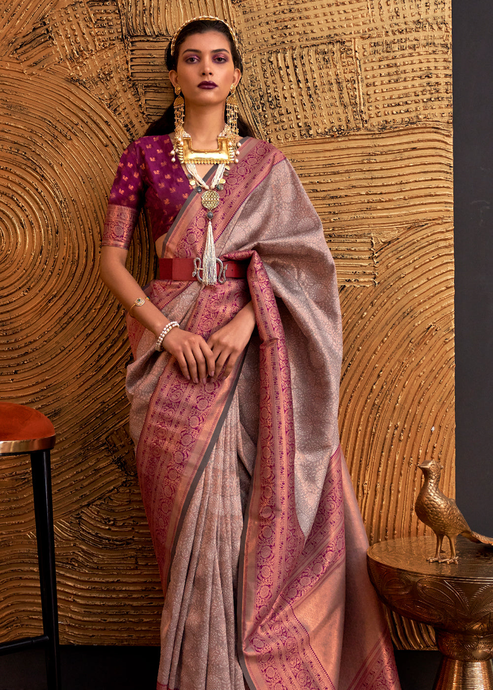 Almond Brown Chaap Handloom Weaving Silk Saree With Brocade Blouse