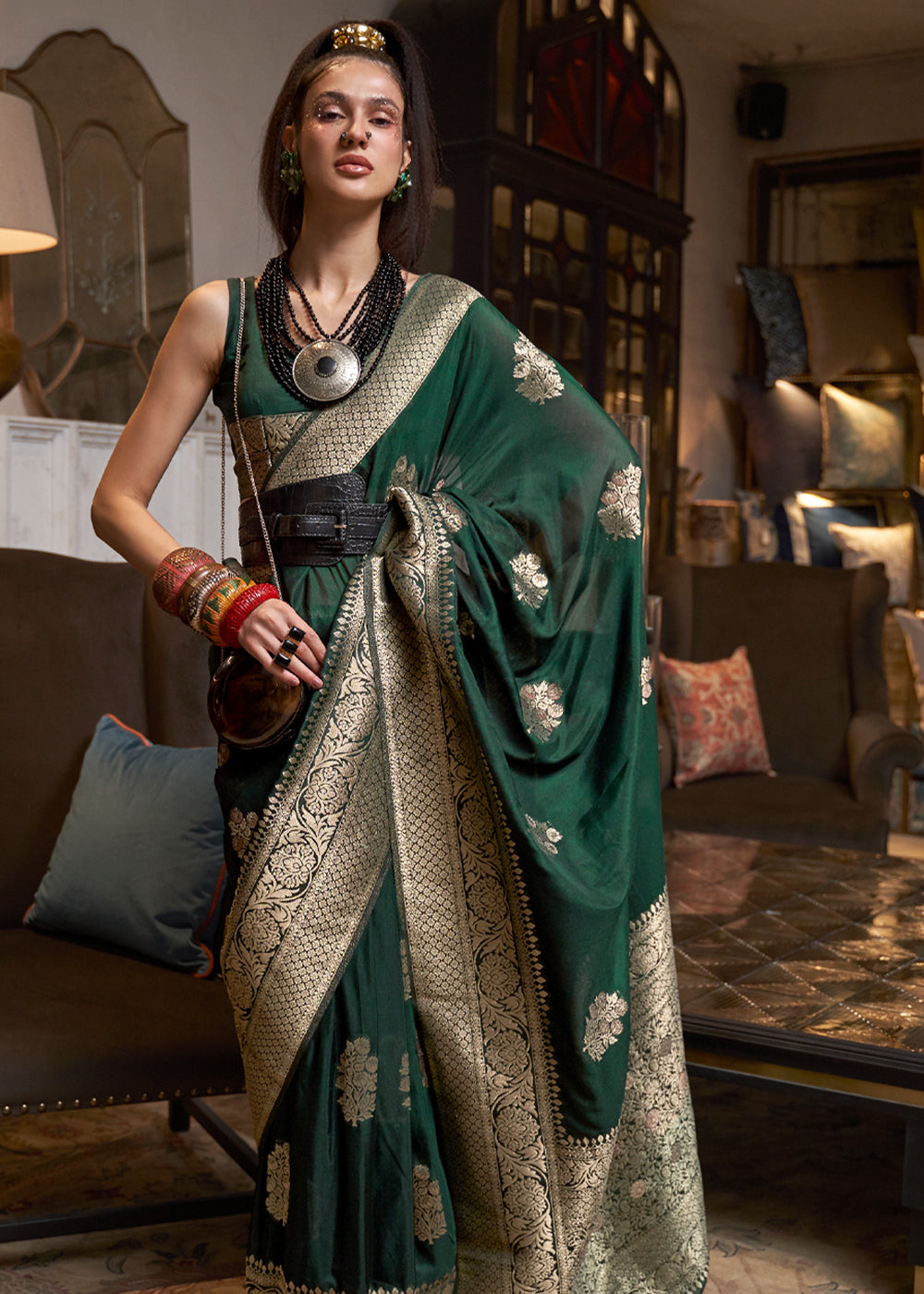 Dark Green Woven Khadi Georgette Silk Saree