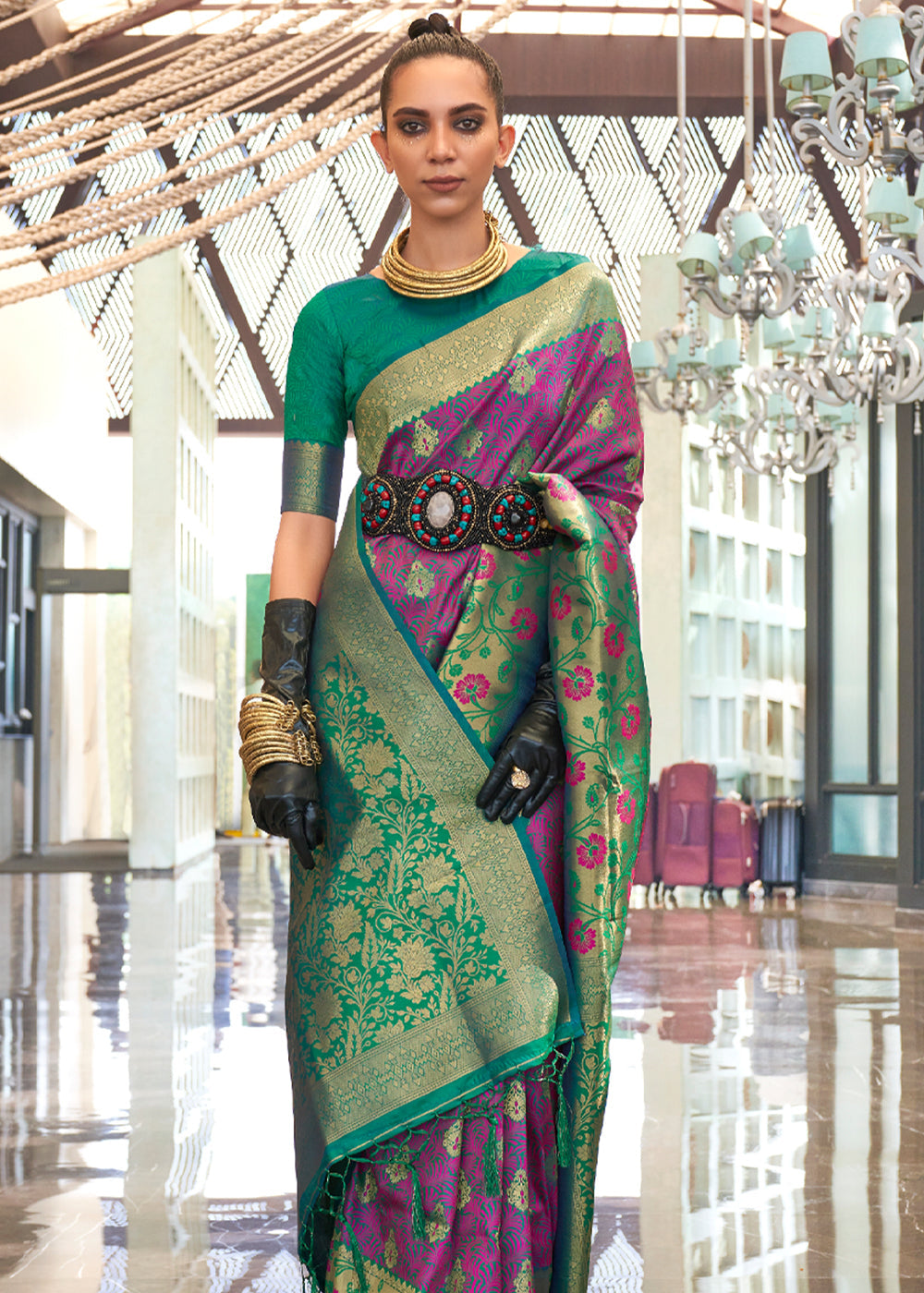 Purple and Green Handloom Woven Silk Saree