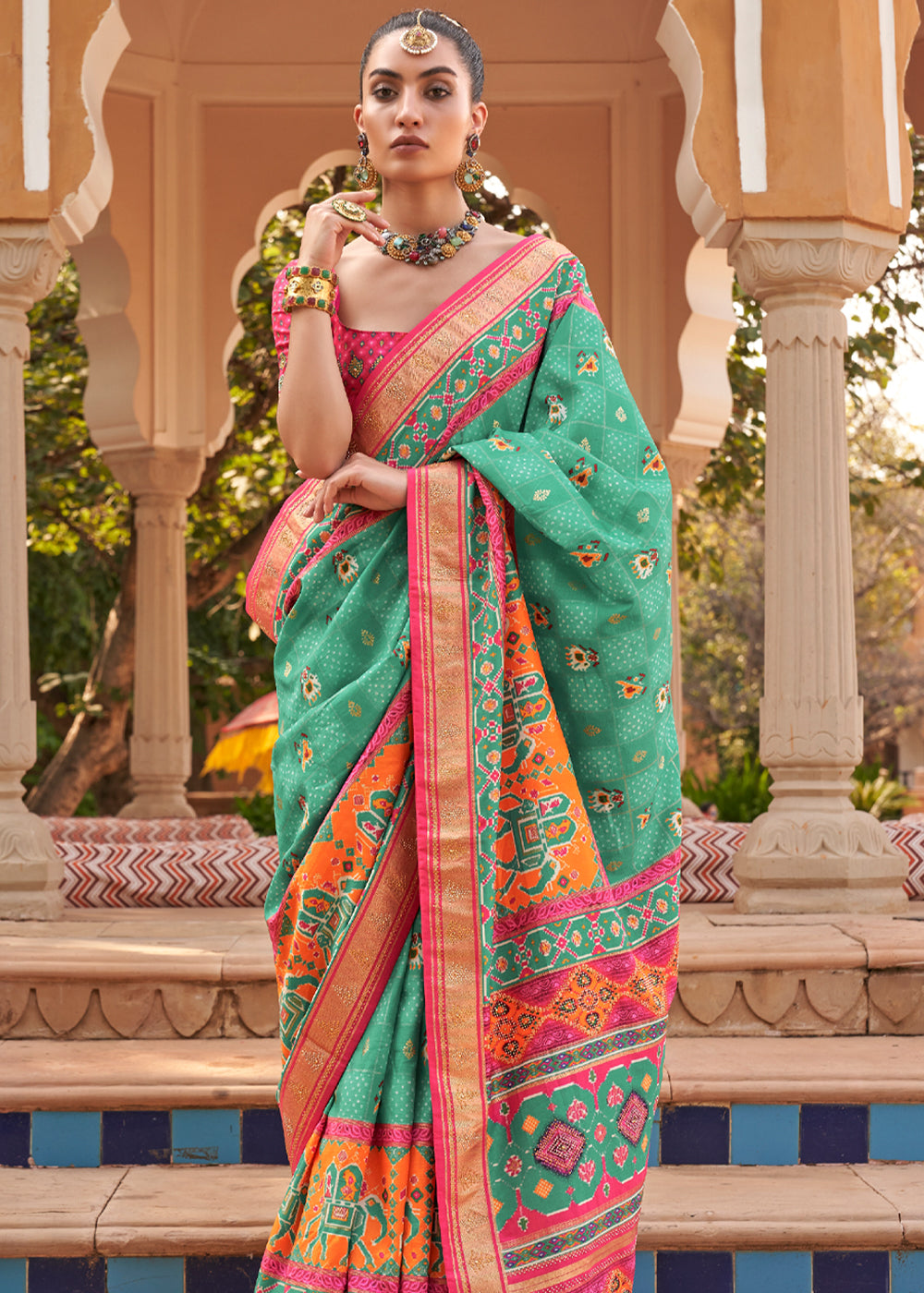 Aqua Green Designer Patola Silk Saree