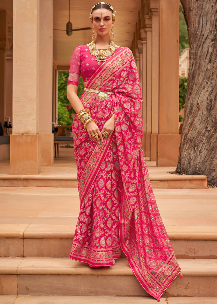 Rani Pink Woven Brasso Silk Saree With Blouse